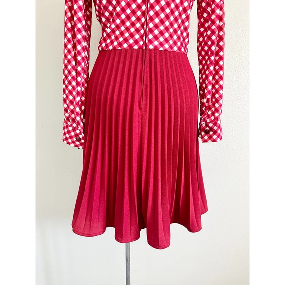 Vintage 60s 70s Red Check Skater Accordion Pleated Dagger Collar Mod Red Dress - Picture 12 of 15